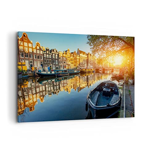 Wandbilder Dekoration Wohnzimmer Kanal Boot Amsterdam Wasser Bilder auf Leinwand 120x80cm Leinwandbild Schlafzimmer Deko Wand Kunstdruck Art Groß XXL Wanddeko Bild Wall Decor Canvas AA120x80-2857 von ARTTOR