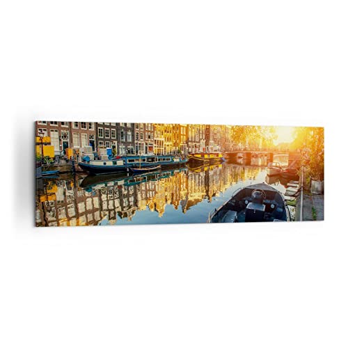 Panorama Bilder auf Leinwand 160x50cm Leinwandbild Kanal Boot Amsterdam Wasser Groß XXL Wanddeko Bild Schlafzimmer Wandbilder Dekoration Wohnzimmer Wall Decor Canvas Wand Kunstdruck Art AB160x50-2857 von ARTTOR