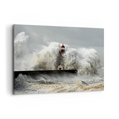 Wandbilder Dekoration Wohnzimmer Leuchtturm Ozean Sturm Bilder auf Leinwand 120x80cm Leinwandbild Schlafzimmer Küche Deko Wand Kunstdruck Art Groß XXL Wanddeko Bild Wall Decor Canvas AA120x80-2442 von ARTTOR