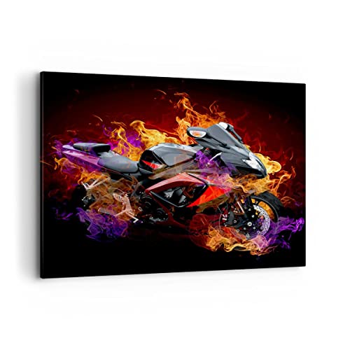 Bilder auf Leinwand 100x70cm Leinwandbild Motorrad Feuer Abstraktion Groß Wanddeko Bild Schlafzimmer Küche Deko Wandbilder Dekoration Wohnzimmer Wall Decor Canvas Wand Kunstdruck Art AA100x70-0177 von ARTTOR