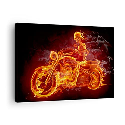 Bilder auf Leinwand Motorrad Flammen Skelett Leinwandbild 70x50cm Wandbilder Dekoration Wohnzimmer Schlafzimmer Küche Deko Klein Wanddeko Bild Wand Kunstdruck Art Wall Decor Canvas AA70x50-2652 von ARTTOR