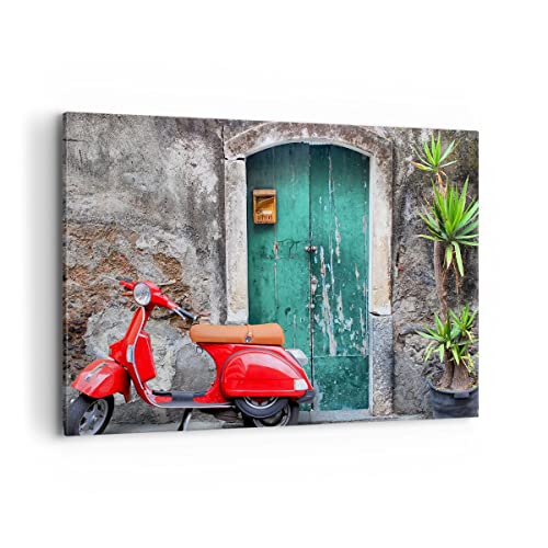 Bilder auf Leinwand 100x70cm Leinwandbild Scooter transport italien retro Groß Wanddeko Bild Schlafzimmer Deko Wandbilder Dekoration Wohnzimmer Wall Decor Canvas Wand Kunstdruck Art AA100x70-2571 von ARTTOR