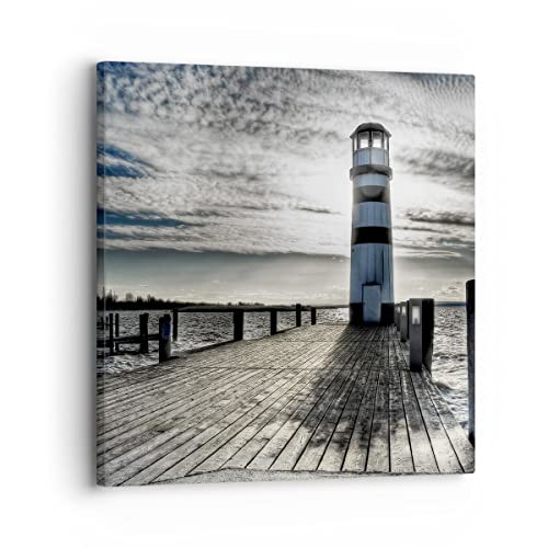 Bilder auf Leinwand See Leuchtturm Holzbrücke Wasser Leinwandbild 30x30cm Wandbilder Dekoration Wohnzimmer Schlafzimmer Deko Klein Wanddeko Bild Wand Kunstdruck Art Wall Decor Canvas AC30x30-0330 von ARTTOR