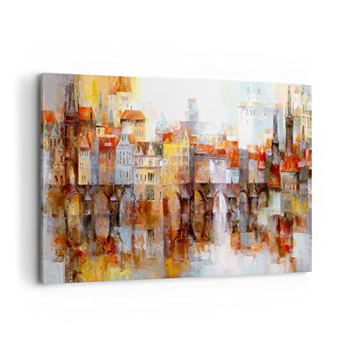 Wandbilder Dekoration Wohnzimmer Stadt Mietshaus Bilder auf Leinwand 120x80cm Leinwandbild mit Rahmen Schlafzimmer Küche Deko Wand Kunstdruck Art Groß XXL Wanddeko Bild Wall Decor Canvas AA120x80-3476 von ARTTOR