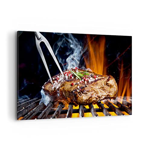 Wandbilder Dekoration Wohnzimmer Steak Grill Flammen Essen Bilder auf Leinwand 120x80cm Leinwandbild Schlafzimmer Küche Deko Wand Kunstdruck Art Groß XXL Wanddeko Bild Wall Decor Canvas AA120x80-2865 von ARTTOR