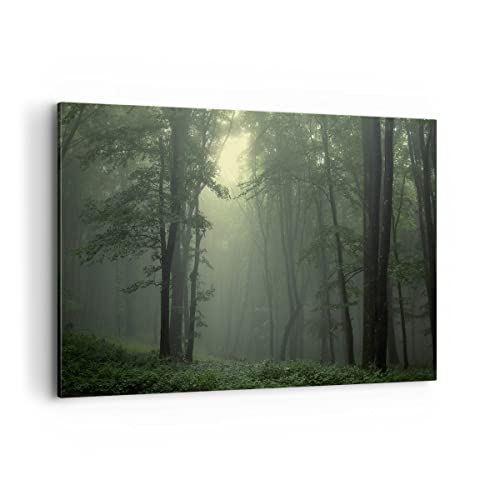 Wandbilder Dekoration Wohnzimmer Wald Nebel Baum Bilder auf Leinwand 120x80cm Leinwandbild mit Rahmen Schlafzimmer Küche Deko Wand Kunstdruck Art Groß XXL Wanddeko Bild Wall Decor Canvas AA120x80-3543 von ARTTOR