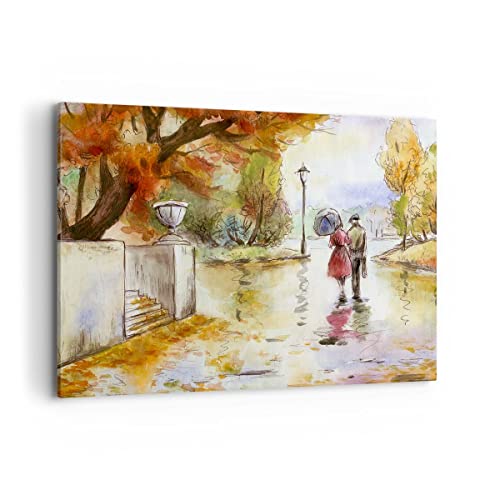 Bilder auf Leinwand 100x70cm Leinwandbild Wetter regen herbst park Groß Wanddeko Bild Schlafzimmer Küche Deko Wandbilder Dekoration Wohnzimmer Wall Decor Canvas Wand Kunstdruck Art AA100x70-2914 von ARTTOR