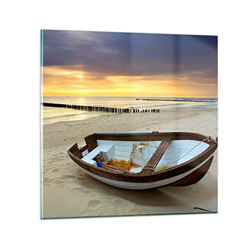 Bilder auf Glas 40x40cm Glasbild Strand Boot Ostsee Sommer Klein Wanddeko Bild im Glas Schlafzimmer Küche Deko Wandbilder Dekoration Wohnzimmer Modern Wall Decor Wand Kunstdruck Art GAC40x40-0515 von ARTTOR