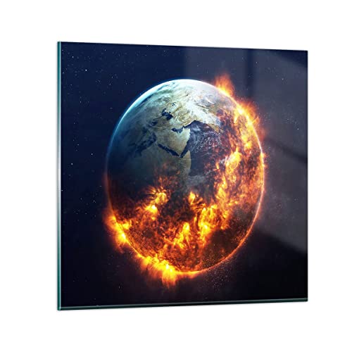 Bilder auf Glas 40x40cm Glasbild Universum Erde Feuer Globus Klein Wanddeko Bild im Glas Schlafzimmer Küche Deko Wandbilder Dekoration Wohnzimmer Modern Wall Decor Wand Kunstdruck Art GAC40x40-2875 von ARTTOR