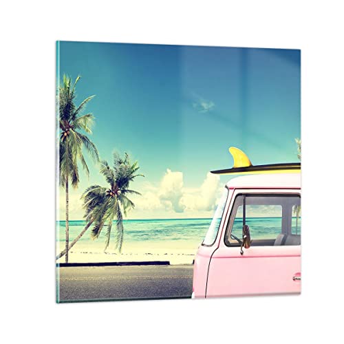 Bilder auf Glas Auto Surfbrett Strand Ozean Glasbild 30x30cm Wandbilder Dekoration Wohnzimmer Schlafzimmer Küche Deko Klein Wanddeko Bild im Glas Wand Kunstdruck Art Modern Wall Decor GAC30x30-2835 von ARTTOR