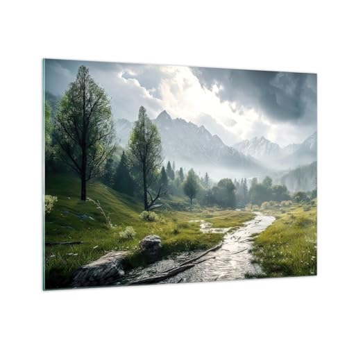 Bilder auf Glas Berglandschaft Fluss Wald Glasbild 70x50cm Wandbilder Dekoration Wohnzimmer Schlafzimmer Küche Deko Klein Wanddeko Bild im Glas Wand Kunstdruck Art Modern Wall Decor GAA70x50-5333 von ARTTOR