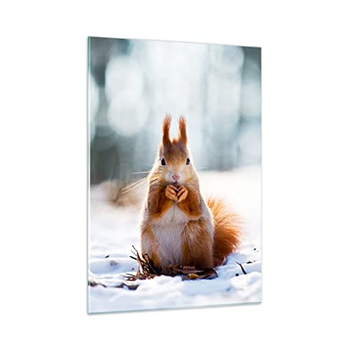 Bilder auf Glas Eichhörnchen Winter Schnee Essen Glasbild 50x70cm Wandbilder Dekoration Wohnzimmer Schlafzimmer Küche Deko Klein Wanddeko Bild im Glas Wand Kunstdruck Art Modern Wall GPA50x70-2798 von ARTTOR