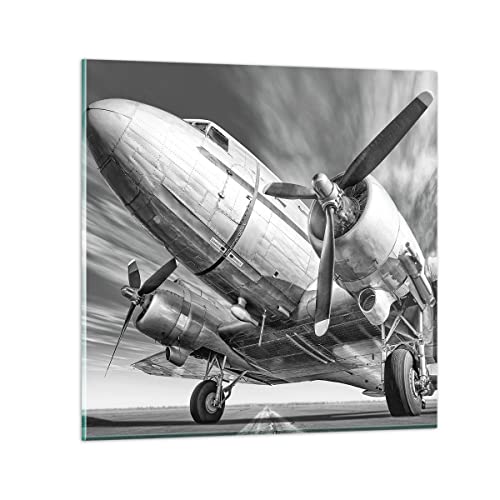 Bilder auf Glas Flugzeug Retro Flugzeug Glasbild 30x30cm Wandbilder Dekoration Wohnzimmer Schlafzimmer Küche Deko Klein Wanddeko Bild im Glas Wand Kunstdruck Art Modern Wall Decor GAC30x30-4952 von ARTTOR