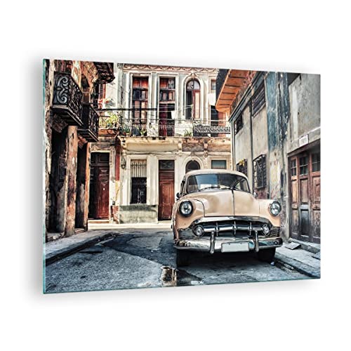 Bilder auf Glas Kubanisch Auto Mietshäuser Glasbild 70x50cm Wandbilder Dekoration Wohnzimmer Schlafzimmer Küche Deko Klein Wanddeko Bild im Glas Wand Kunstdruck Art Modern Wall Decor GAA70x50-4413 von ARTTOR