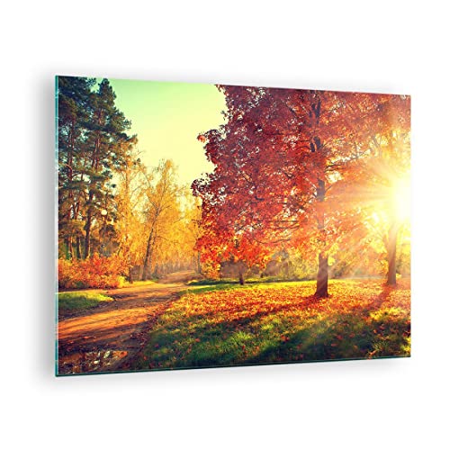 Bilder auf Glas Park Herbst Baum Glasbild 70x50cm Wandbilder Dekoration Wohnzimmer Schlafzimmer Küche Deko Klein Wanddeko Bild im Glas Wand Kunstdruck Art Modern Wall Decor Glasdruck GAA70x50-3654 von ARTTOR