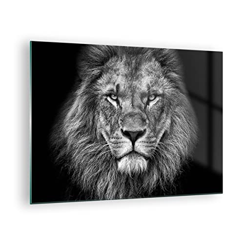 Bilder auf Glas Porträt Löwe Schwarzweiß Glasbild 70x50cm Wandbilder Dekoration Wohnzimmer Schlafzimmer Küche Deko Klein Wanddeko Bild im Glas Wand Kunstdruck Art Modern Wall Decor GAA70x50-4494 von ARTTOR