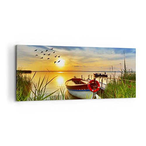 Bilder auf Leinwand 100x40cm Leinwandbild Boot See Sonnenuntergang Sommer Menschen Groß Wanddeko Bild Schlafzimmer Wandbilder Dekoration Wohnzimmer Wall Decor Canvas Wand Kunstdruck Art AB100x40-3053 von ARTTOR