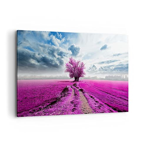 Bilder auf Leinwand 100x70cm Leinwandbild Heidefeld Baum Wolken Landschaft Groß Wanddeko Bild Schlafzimmer Deko Wandbilder Dekoration Wohnzimmer Wall Decor Canvas Wand Kunstdruck Art AA100x70-2547 von ARTTOR