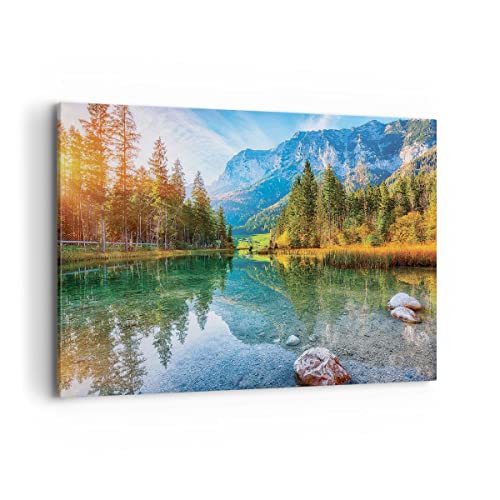 Bilder auf Leinwand 100x70cm Leinwandbild Landschaft Berge Morgendämmerung Groß Wanddeko Bild Schlafzimmer Deko Wandbilder Dekoration Wohnzimmer Wall Decor Canvas Wand Kunstdruck Art AA100x70-4456 von ARTTOR