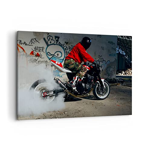 Bilder auf Leinwand 100x70cm Leinwandbild Motorrad motorradfahrer graffiti Groß Wanddeko Bild Schlafzimmer Deko Wandbilder Dekoration Wohnzimmer Wall Decor Canvas Wand Kunstdruck Art AA100x70-2265 von ARTTOR