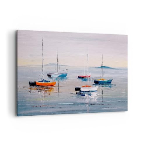 Bilder auf Leinwand 100x70cm Leinwandbild Nautisch Segelboote Strand Groß Wanddeko Bild Schlafzimmer Küche Deko Wandbilder Dekoration Wohnzimmer Wall Decor Canvas Wand Kunstdruck Art AA100x70-6026 von ARTTOR