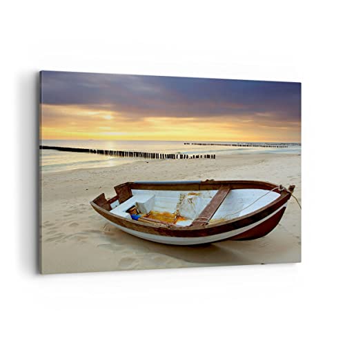 Bilder auf Leinwand 100x70cm Leinwandbild Strand Boot Ostsee Sommer Groß Wanddeko Bild Schlafzimmer Küche Deko Wandbilder Dekoration Wohnzimmer Wall Decor Canvas Wand Kunstdruck Art AA100x70-0515 von ARTTOR