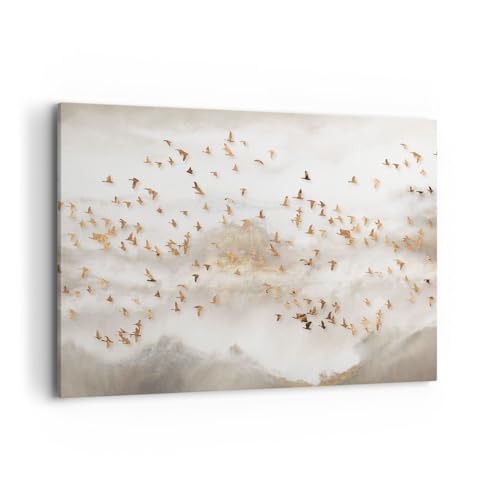 Bilder auf Leinwand 100x70cm Leinwandbild Vögel Gold Minimalismus Groß Wanddeko Bild Schlafzimmer Küche Deko Wandbilder Dekoration Wohnzimmer Wall Decor Canvas Wand Kunstdruck Art AA100x70-5679 von ARTTOR