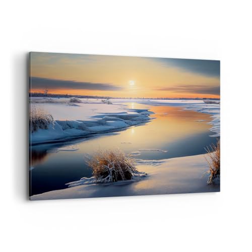 Bilder auf Leinwand 100x70cm Leinwandbild Winter Fluss Landschaft Groß Wanddeko Bild Schlafzimmer Küche Deko Wandbilder Dekoration Wohnzimmer Wall Decor Canvas Wand Kunstdruck Art AA100x70-5813 von ARTTOR