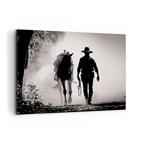 Bilder auf Leinwand 100x70cm Leinwandbild mit Rahmen Cowboy Pferd Shady Groß Wanddeko Bild Schlafzimmer Küche Deko Wandbilder Dekoration Wohnzimmer Wall Decor Canvas Wand Kunstdruck Art AA100x70-4620 von ARTTOR