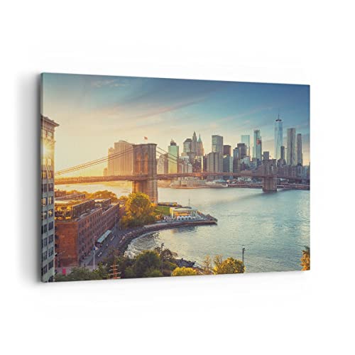 Bilder auf Leinwand 100x70cm Leinwandbild mit Rahmen New York Brücke Groß Wanddeko Bild Schlafzimmer Küche Deko Wandbilder Dekoration Wohnzimmer Wall Decor Canvas Wand Kunstdruck Art AA100x70-4047 von ARTTOR