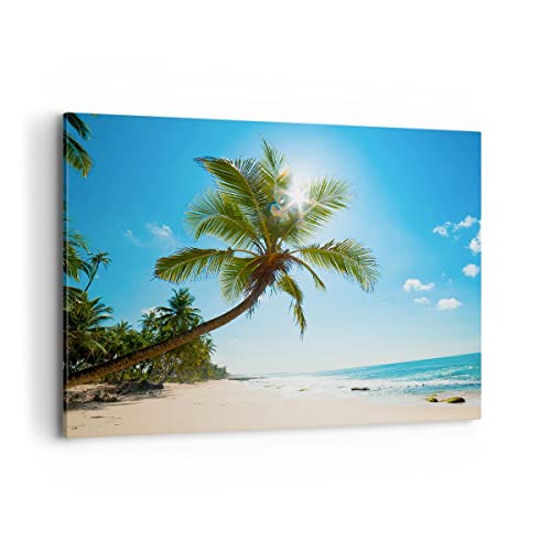 Bilder auf Leinwand 100x70cm Leinwandbild mit Rahmen Strand Palme Meer Groß Wanddeko Bild Schlafzimmer Küche Deko Wandbilder Dekoration Wohnzimmer Wall Decor Canvas Wand Kunstdruck Art AA100x70-3570 von ARTTOR