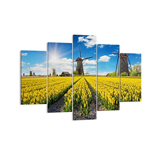 Bilder auf Leinwand 150x100cm Leinwandbild Tulpen Windmühle Wiese Landschaft Groß XXL Wanddeko Bild Schlafzimmer Set 5 teilige Wandbilder Dekoration Wohnzimmer Canvas Kunstdruck Art EA150x100-2879 von ARTTOR