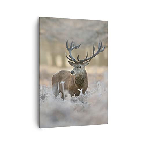 Bilder auf Leinwand 70x100cm Leinwandbild mit Rahmen Hirsch Wald Natur Groß Wanddeko Bild Schlafzimmer Küche Deko Wandbilder Dekoration Wohnzimmer Wall Decor Canvas Wand Kunstdruck Art PA70x100-3744 von ARTTOR