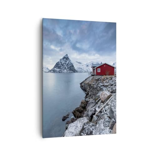 Bilder auf Leinwand 70x100cm Leinwandbild mit Rahmen Norwegen Fjorde Hütte Groß Wanddeko Bild Schlafzimmer Küche Deko Wandbilder Dekoration Wohnzimmer Wall Canvas Wand Kunstdruck Art PA70x100-6051 von ARTTOR