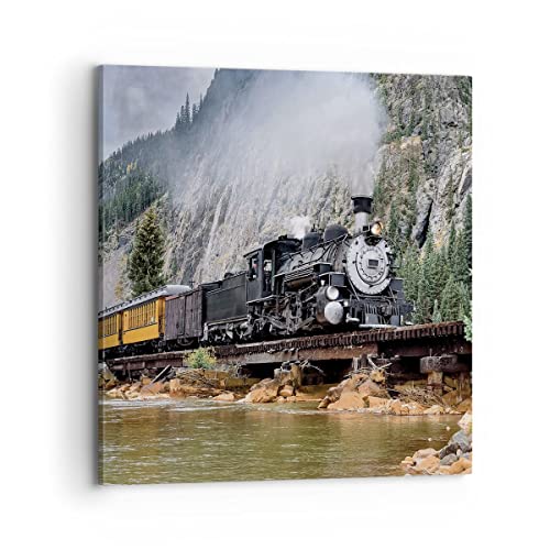 Bilder auf Leinwand 70x70cm Leinwandbild mit Rahmen Alt Lokomotive Berge Groß Wanddeko Bild Schlafzimmer Küche Deko Wandbilder Dekoration Wohnzimmer Wall Decor Canvas Wand Kunstdruck Art AC70x70-4581 von ARTTOR