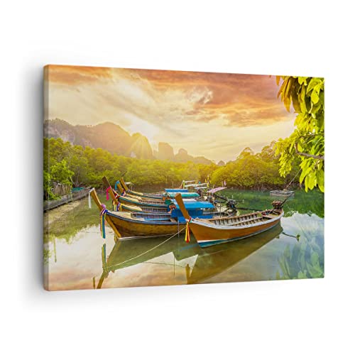 Bilder auf Leinwand Berge Boot Wasser Leinwandbild mit Rahmen 70x50cm Wandbilder Dekoration Wohnzimmer Schlafzimmer Küche Deko Klein Wanddeko Bild Wand Kunstdruck Art Wall Decor Canvas AA70x50-4003 von ARTTOR