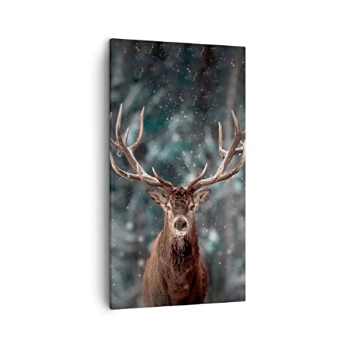 Bilder auf Leinwand Hirsch Hirsch Winter Leinwandbild mit Rahmen 45x80cm Wandbilder Dekoration Wohnzimmer Schlafzimmer Küche Deko Klein Wanddeko Bild Wand Kunstdruck Art Wall Decor Canvas PA45x80-4998 von ARTTOR