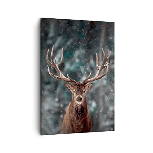 Bilder auf Leinwand Hirsch Hirsch Winter Leinwandbild mit Rahmen 50x70cm Wandbilder Dekoration Wohnzimmer Schlafzimmer Küche Deko Groß Wanddeko Bild Wand Kunstdruck Art Wall Decor Canvas PA50x70-4998 von ARTTOR