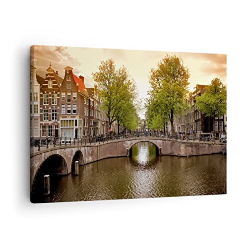 Bilder auf Leinwand Kanal Wasser Amsterdam Fahrrad Leinwandbild 70x50cm Wandbilder Dekoration Wohnzimmer Schlafzimmer Küche Deko Klein Wanddeko Bild Wand Kunstdruck Art Wall Decor Canvas AA70x50-2697 von ARTTOR