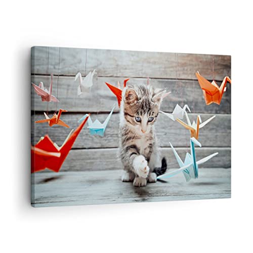 Bilder auf Leinwand Katze spaß origami Leinwandbild mit Rahmen 70x50cm Wandbilder Dekoration Wohnzimmer Schlafzimmer Küche Deko Klein Wanddeko Bild Wand Kunstdruck Art Wall Decor Canvas AA70x50-2818 von ARTTOR