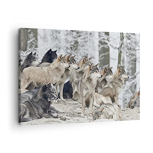 Bilder auf Leinwand Rudel Wölfe Winter Leinwandbild mit Rahmen 70x50cm Wandbilder Dekoration Wohnzimmer Schlafzimmer Küche Deko Klein Wanddeko Bild Wand Kunstdruck Art Wall Decor Canvas AA70x50-4357 von ARTTOR