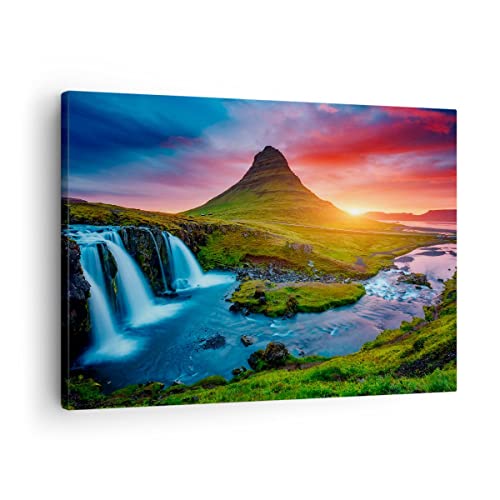 Bilder auf Leinwand Sonnenuntergang Wasserfall Island Vulkan Leinwandbild 70x50cm Wandbilder Dekoration Wohnzimmer Schlafzimmer Deko Klein Wanddeko Bild Wand Kunstdruck Art Decor Canvas AA70x50-2963 von ARTTOR