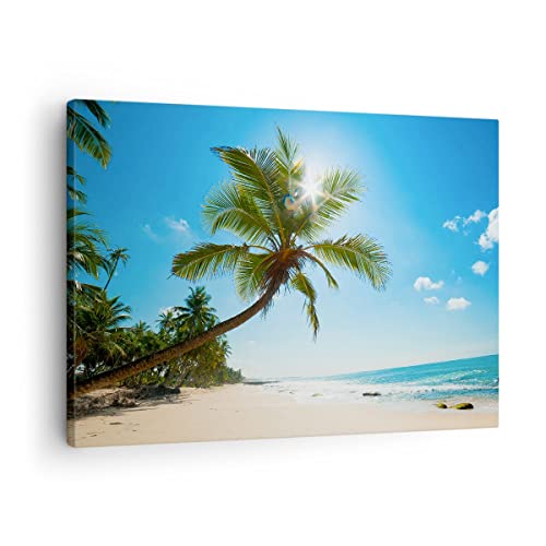 Bilder auf Leinwand Strand Palme Meer Leinwandbild mit Rahmen 70x50cm Wandbilder Dekoration Wohnzimmer Schlafzimmer Küche Deko Klein Wanddeko Bild Wand Kunstdruck Art Wall Decor Canvas AA70x50-3570 von ARTTOR