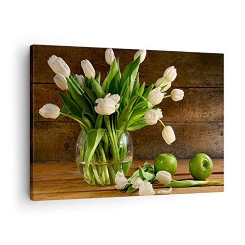 Bilder auf Leinwand Tulpen Apfel Blumenstrauß Frühling Leinwandbild 70x50cm Wandbilder Dekoration Wohnzimmer Schlafzimmer Deko Klein Wanddeko Bild Wand Kunstdruck Art Wall Decor Canvas AA70x50-2629 von ARTTOR