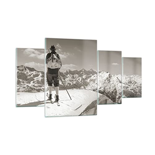 Mehrteilige Bilder auf Glas 160x90cm Glasbild Skifahrer Bayern Sepia Groß XXL Wanddeko Schlafzimmer Küche Set 4 teilige Wandbilder Dekoration Wohnzimmer Modern Wand Kunstdruck Art GDL160x90-4192 von ARTTOR