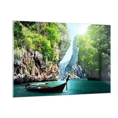 Wandbilder Dekoration Wohnzimmer Boot Klippen Natur Felsen Bilder auf Glas 120x80cm Glasbild Schlafzimmer Küche Deko Wand Kunstdruck Art Groß XXL Wanddeko Bild im Glas Modern Wall Decor GAA120x80-2787 von ARTTOR