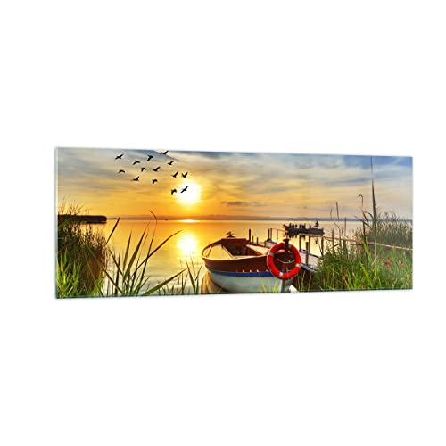 Panorama Bilder auf Glas Boot See Sonnenuntergang Sommer Menschen Glasbild 140x50cm Wandbilder Dekoration Wohnzimmer Schlafzimmer Küche Groß XXL Wanddeko Wand Kunstdruck Art Modern GAB140x50-3053 von ARTTOR