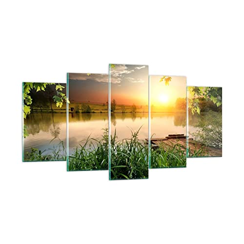 Wandbilder Dekoration Wohnzimmer Brücke See Mehrteilige Bilder auf Glas 160x85cm Glasbild Schlafzimmer Küche Set 5 teilige Wand Kunstdruck Art Groß XXL Wanddeko Bild im Glas Modern GEA160x85-3914 von ARTTOR