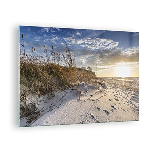 Bilder auf Glas Sand Gras Meer Glasbild 70x50cm Wandbilder Dekoration Wohnzimmer Schlafzimmer Küche Deko Klein Wanddeko Bild im Glas Wand Kunstdruck Art Modern Wall Decor Glasdruck GAA70x50-4781 von ARTTOR