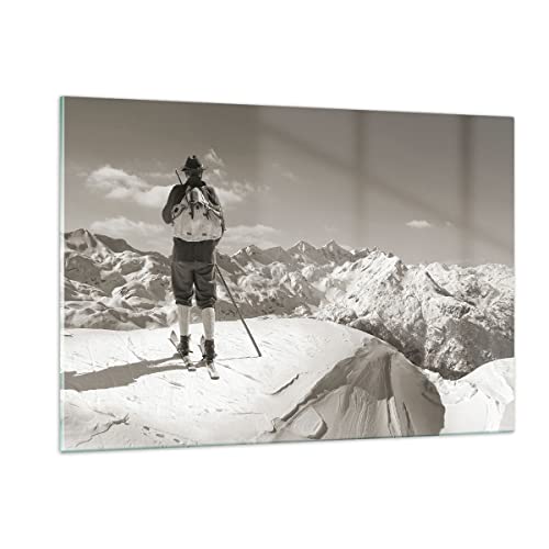 Wandbilder Dekoration Wohnzimmer Skifahrer Bayern Sepia Bilder auf Glas 120x80cm Glasbild Schlafzimmer Küche Deko Wand Kunstdruck Art Groß XXL Wanddeko Bild im Glas Modern Wall Decor GAA120x80-4192 von ARTTOR